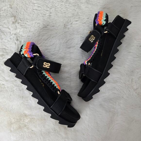 NEW Sandro Paris Black Crochet Shell Platform Sport Sandals Noir Leather EU 37 - Picture 9 of 16